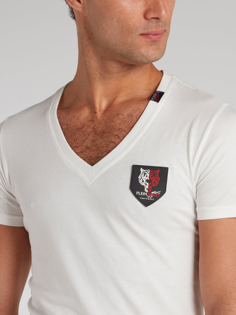 White Appliqu��d V-Neck T-Shirt