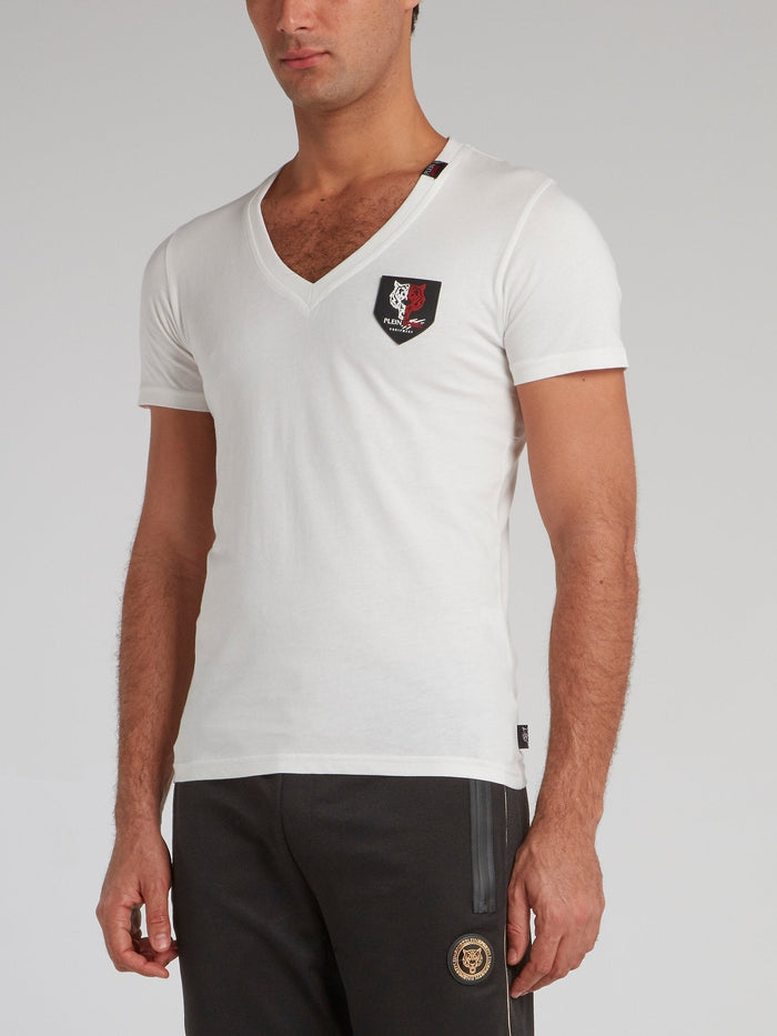 White Appliqu��d V-Neck T-Shirt