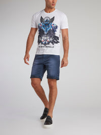 White Abstract Print Round Neck T-Shirt