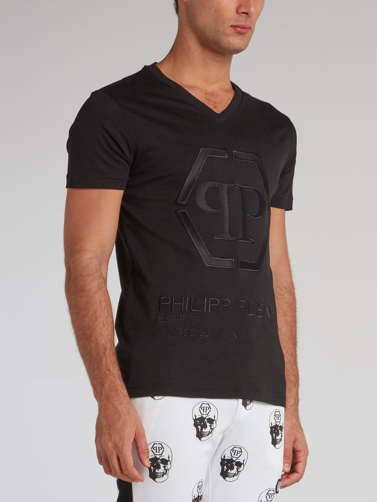 Black Embroidered Monogram V-Neck T-Shirt