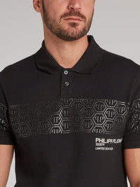 Black Monogram Print Panel Polo Shirt