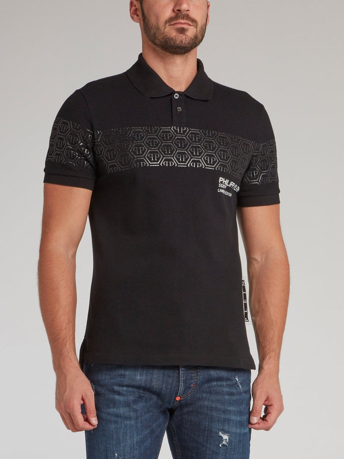 Black Monogram Print Panel Polo Shirt