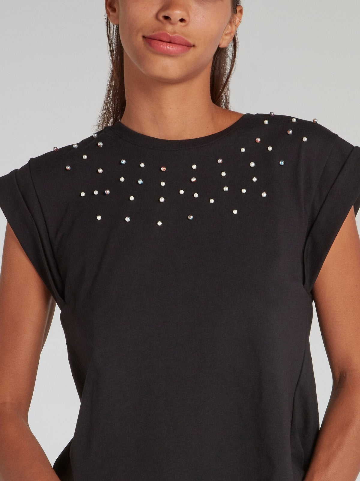 Black Slit Back Pearl Embellished Top