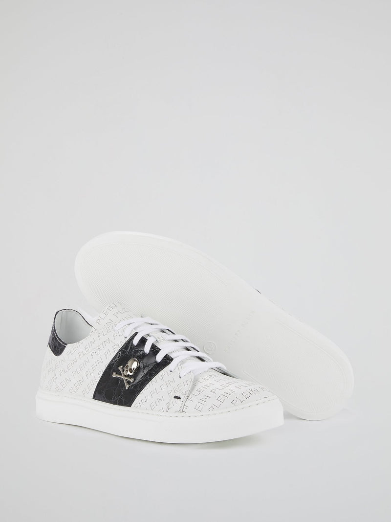 White Monogram Print Contrast Sneakers