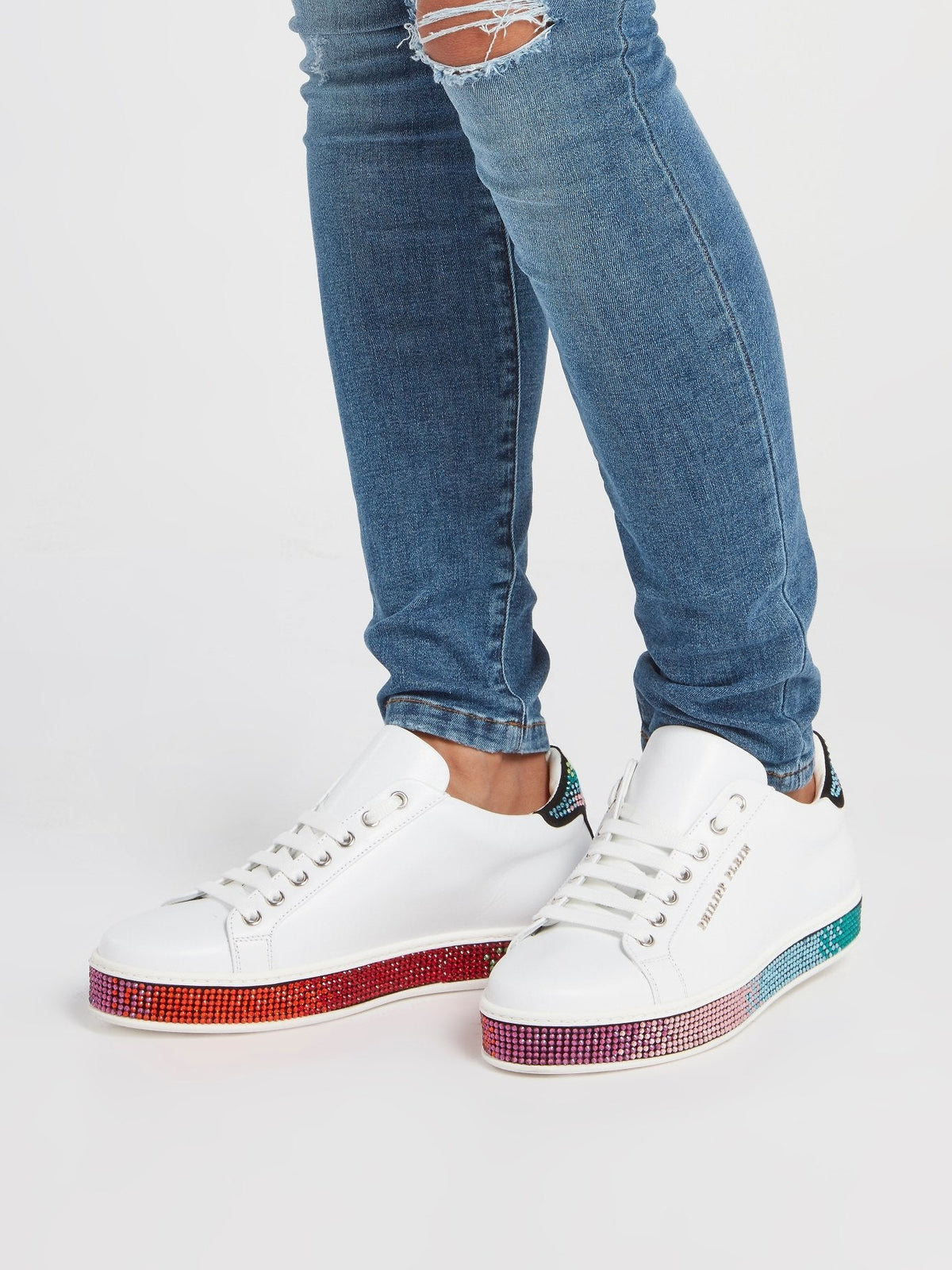 White Crystal Studded Low Top Sneakers