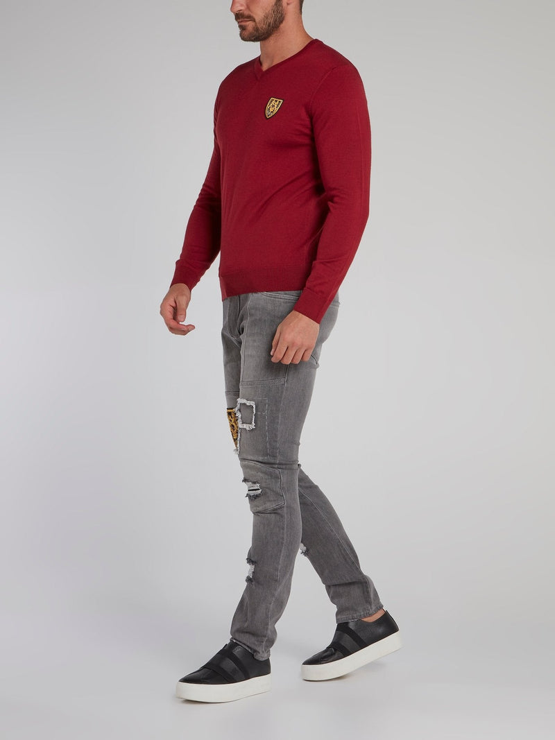 Buckingham Burgundy Appliqu��d V-Neck Pullover