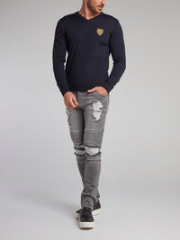 Buckingham Navy Appliqu��d V-Neck Pullover