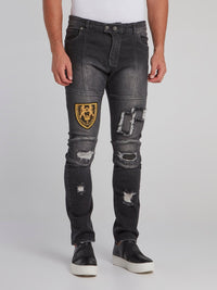 Feodor Black Patched Slim Fit Jeans