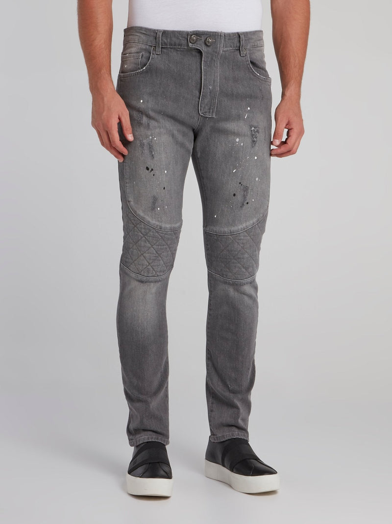 Grey Paint Splatter Biker Jeans