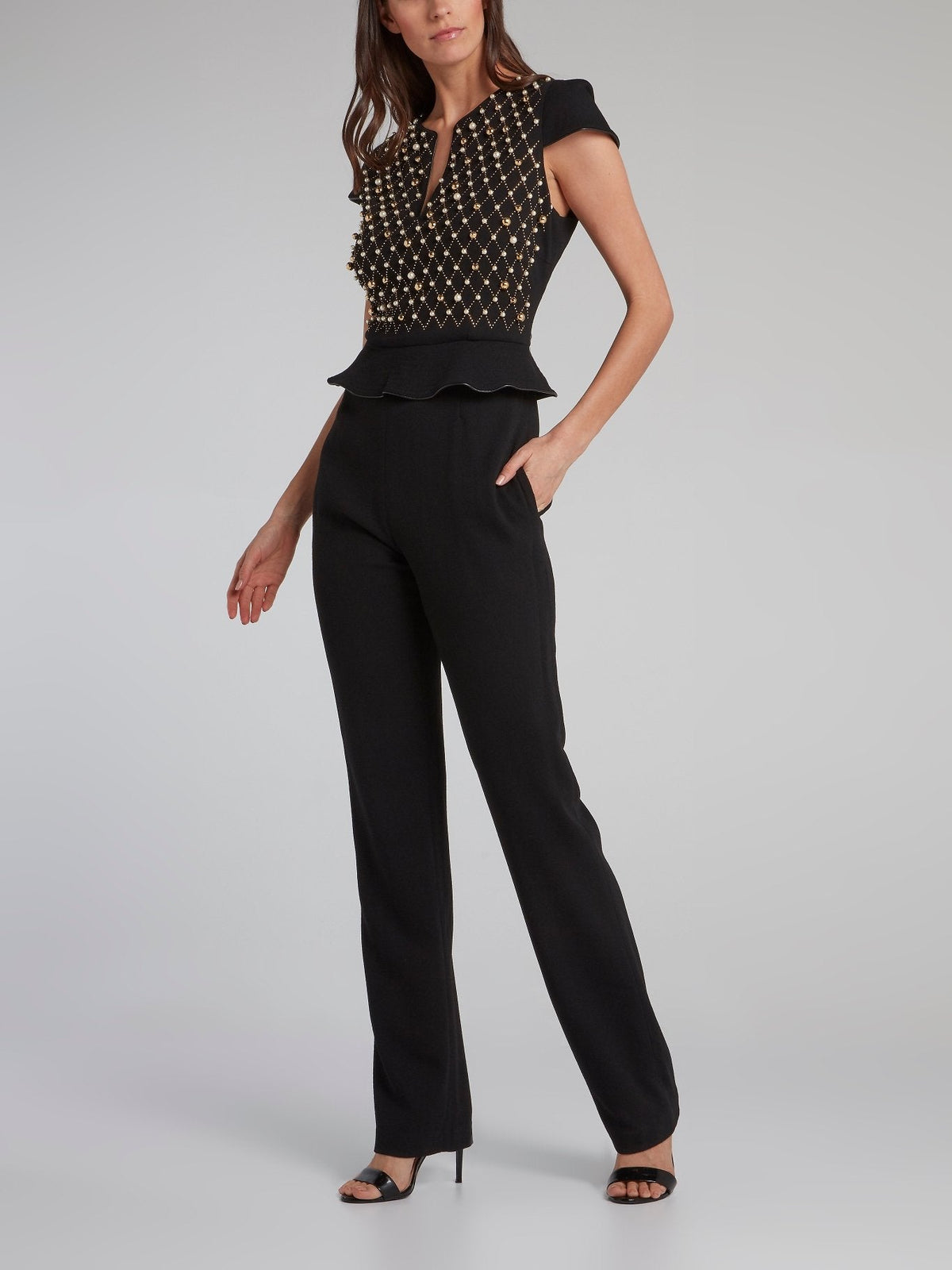 Black Pearl Embellished Peplum Jumpsuit