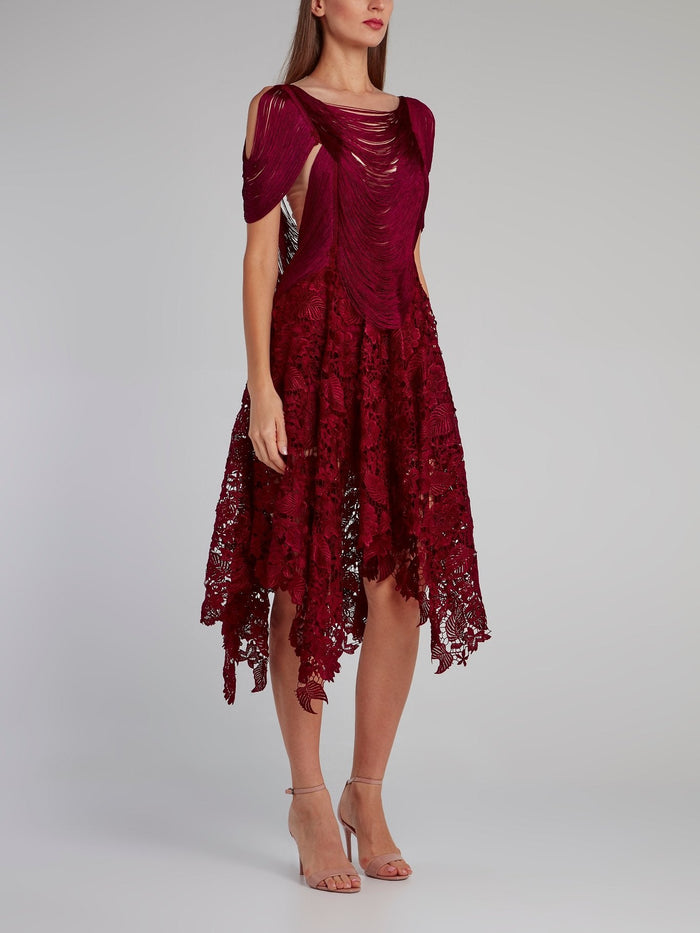 Burgundy Tassel Bodice Lace Midi Dress