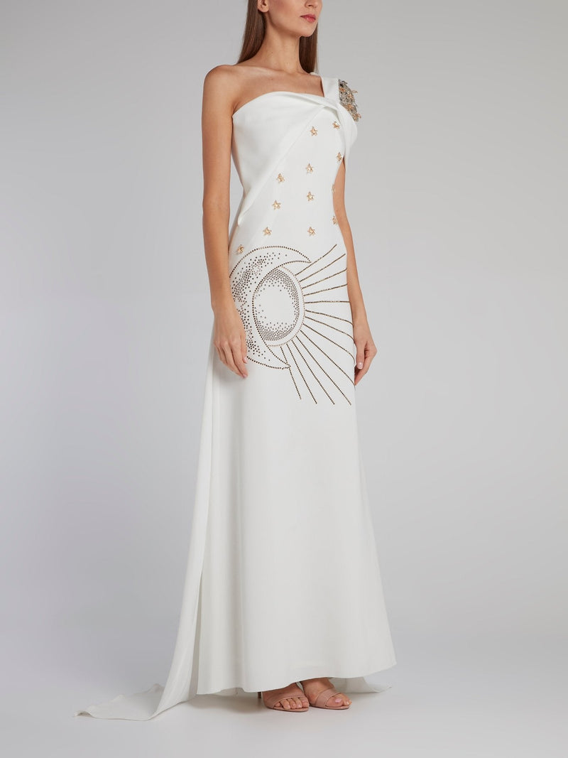 White One-Shoulder Multi-Stud Gown