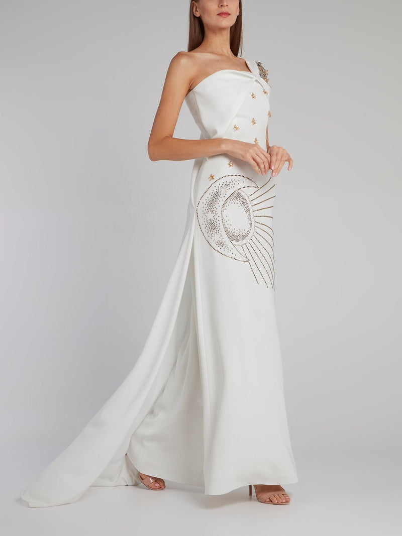 White One-Shoulder Multi-Stud Gown