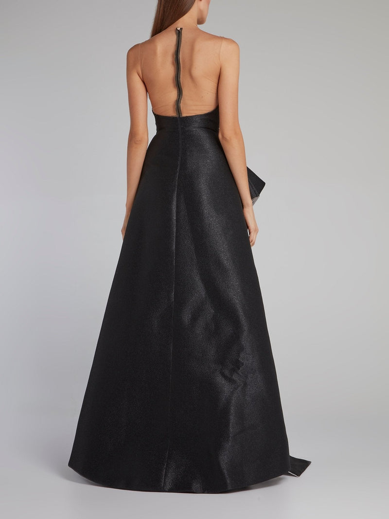 Black Illusion Neckline Sequin Detail Gown