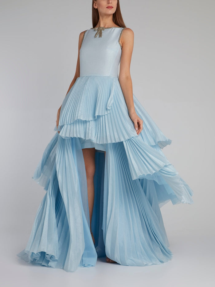 Blue Asymmetric Pleated Maxi Dress