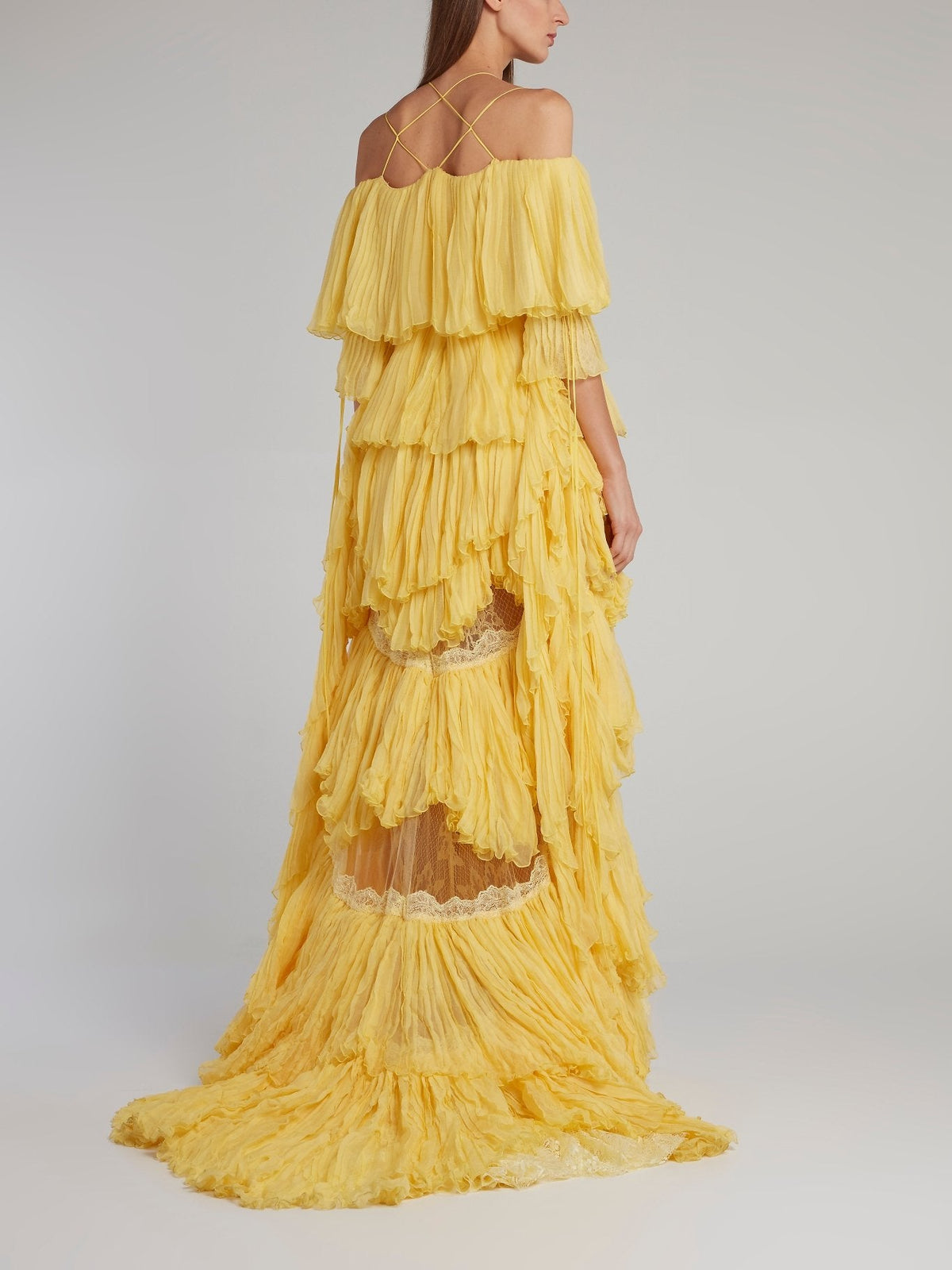 Yellow Tiered Pleated Evening Dress