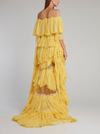 Yellow Tiered Pleated Evening Dress