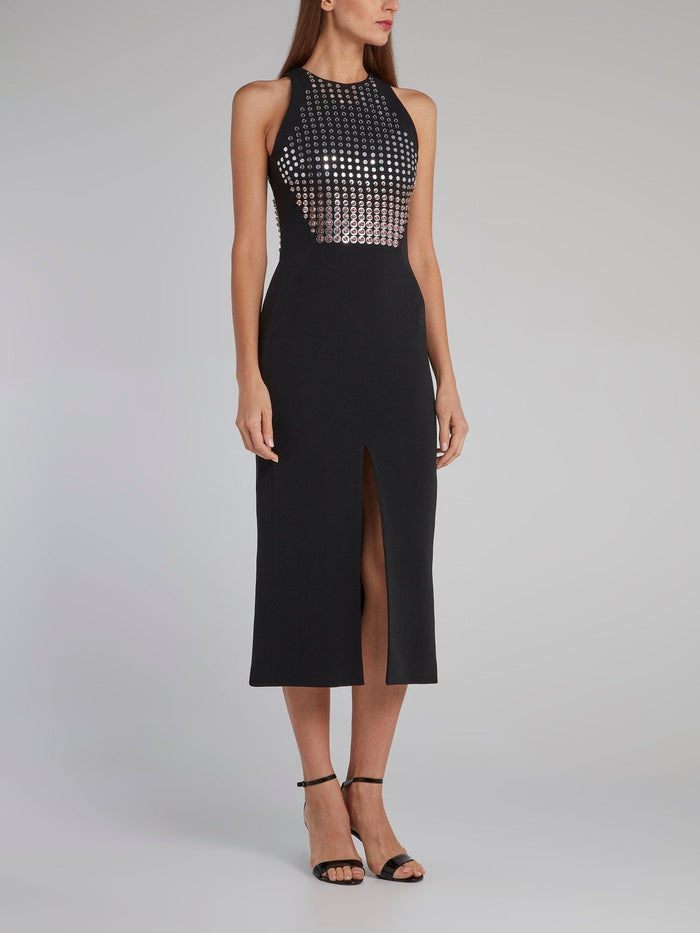 Black Crystal Embellished Midi Dress