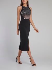 Black Crystal Embellished Midi Dress