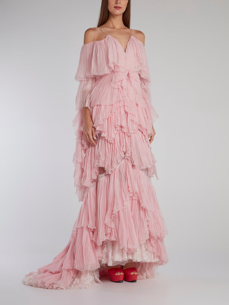 Pink Tiered Pleated Evening Dress