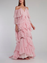 Pink Tiered Pleated Evening Dress