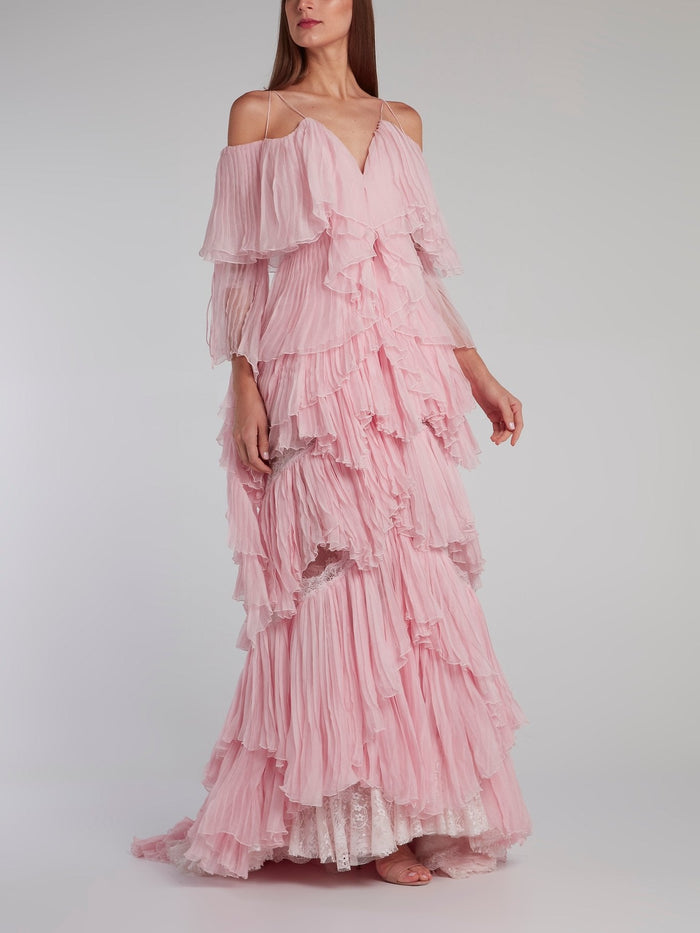 Pink Tiered Pleated Evening Dress