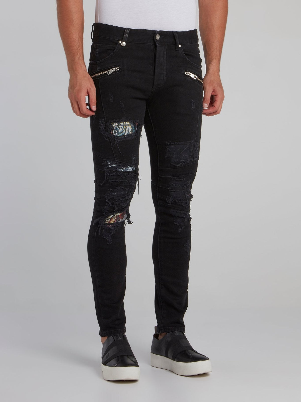 Black Zipper Embellished Tattered Skinny Jeans