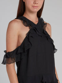 Black Drop Shoulder Tiered Ruffle Dress