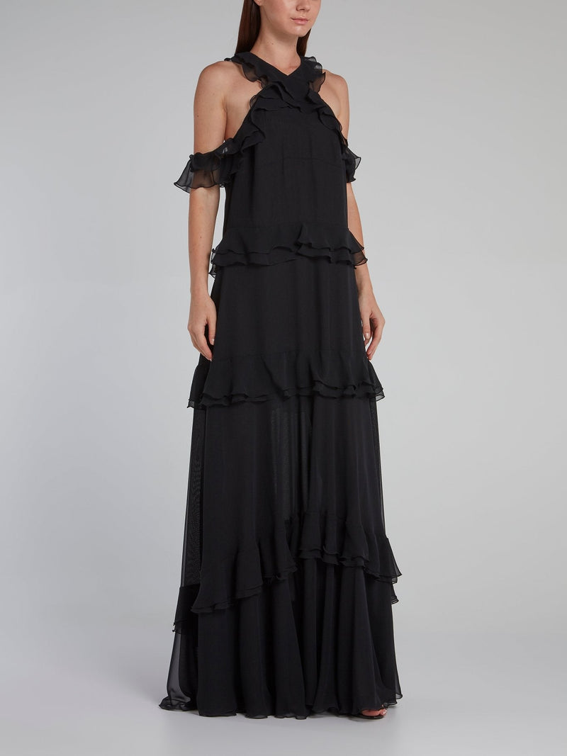 Black Drop Shoulder Tiered Ruffle Dress