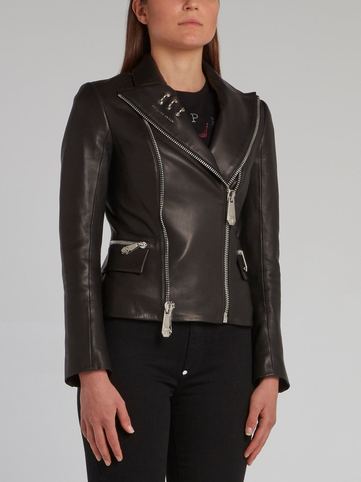 Black Zip Detail Leather Biker Jacket