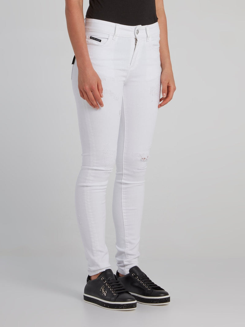 White Semi-Distressed Skinny Jeans