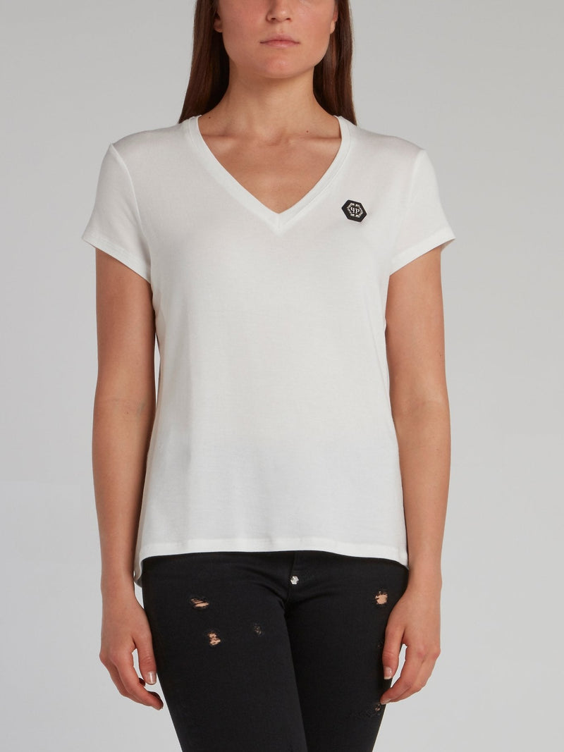 White Monogram Appliqu��d V-Neck T-Shirt