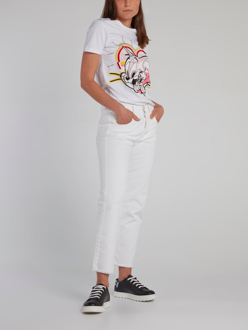 Tom and Jerry White Embroidered T-Shirt