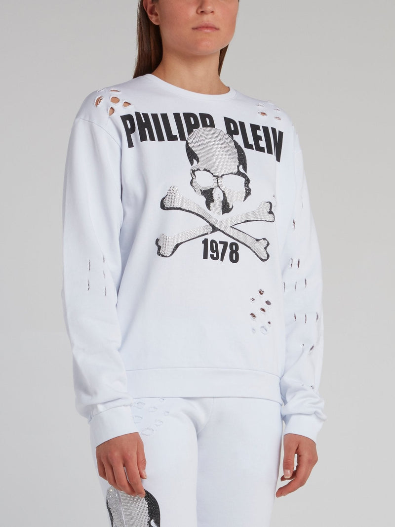 White Studded Skull Tattered Sweatshirt