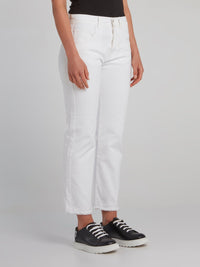 White Straight Cut Frayed Jeans