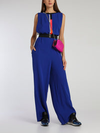 Blue Belted Wide Leg Jumpsuit