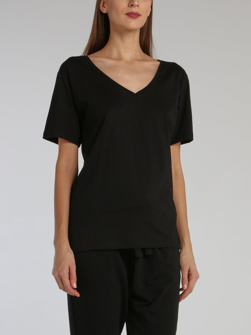 Black Rear Statement V-Neck Loose Top