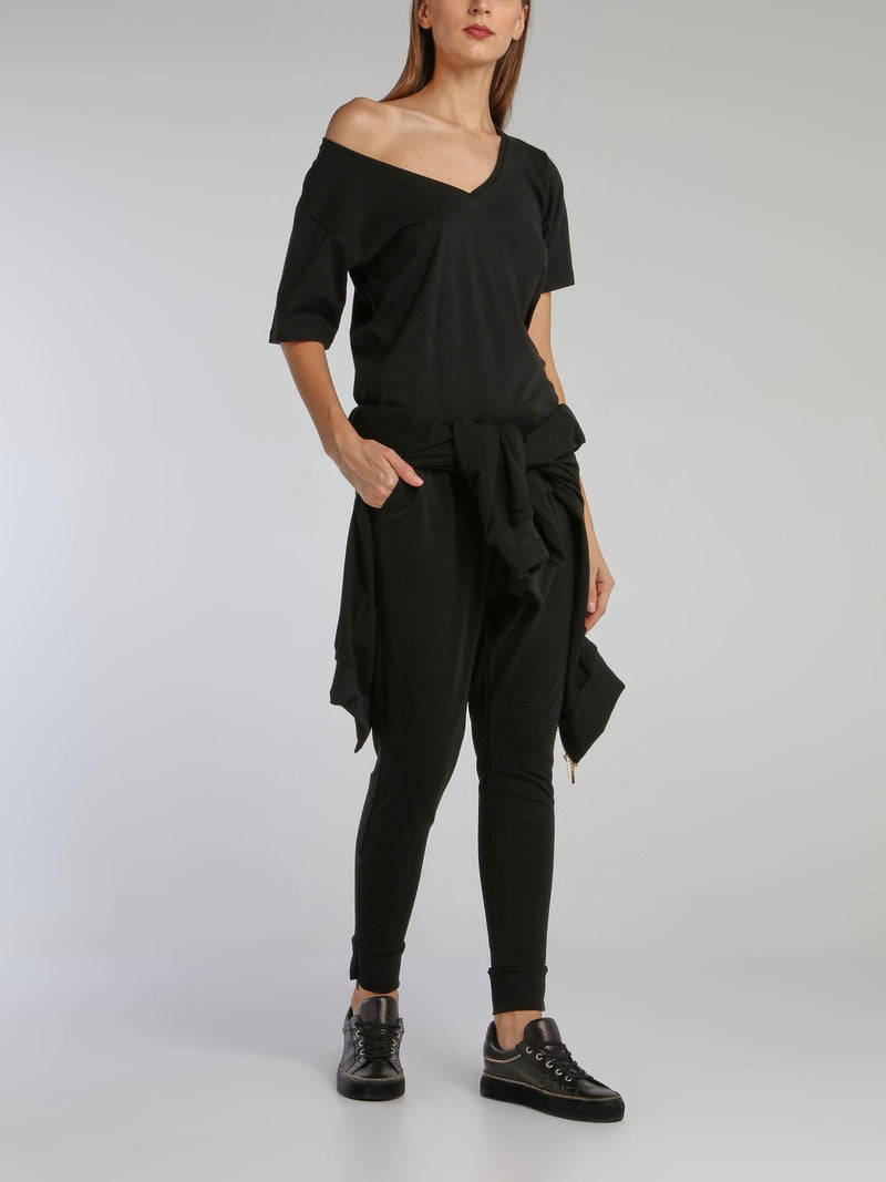 Black Rear Statement V-Neck Loose Top