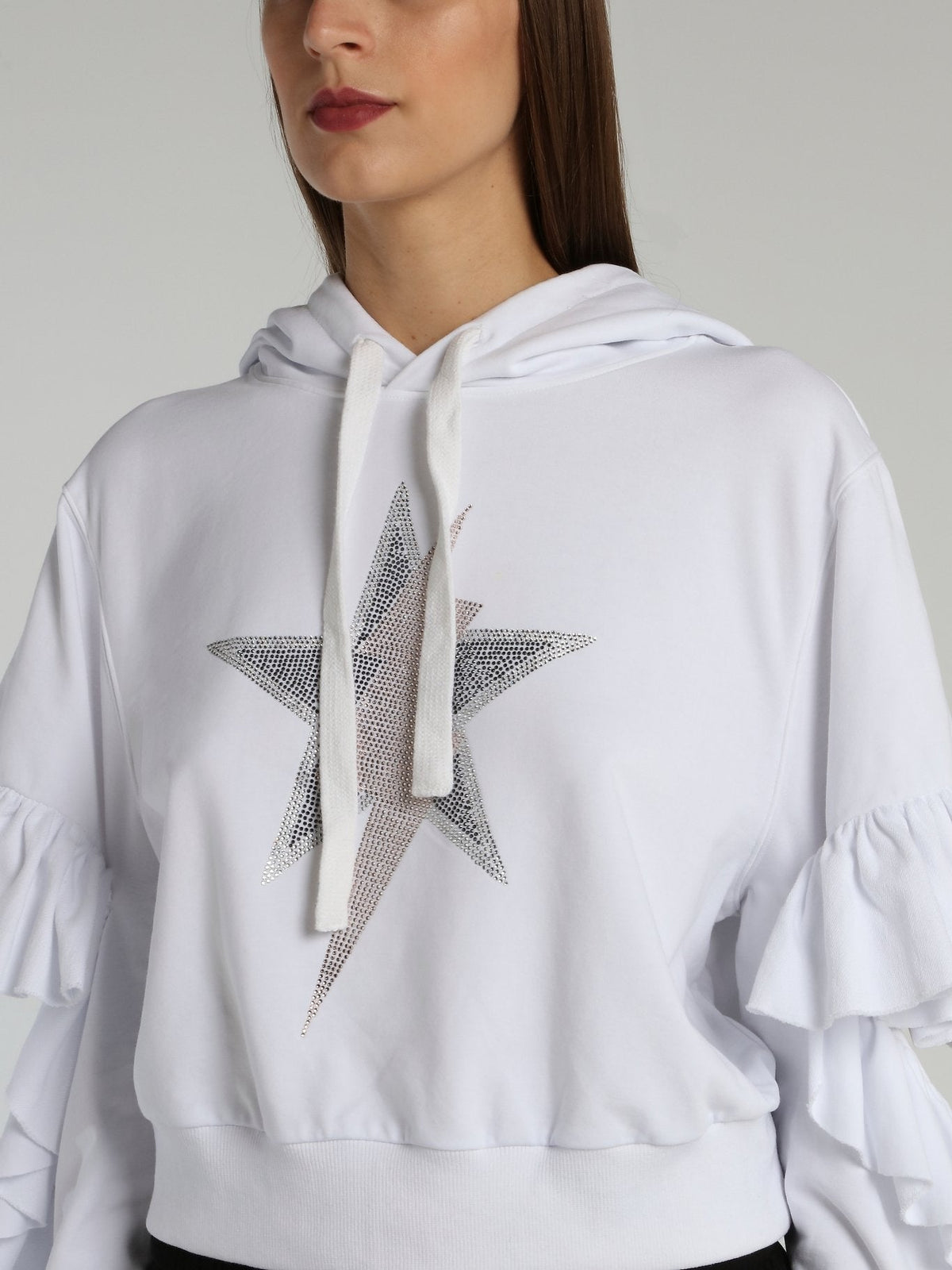 White Ruffle Sleeve Studded Hoodie