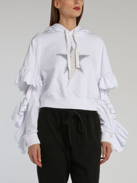 White Ruffle Sleeve Studded Hoodie