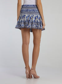 Blue Shirred Godet Silk Mini Skirt