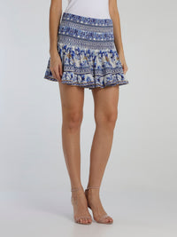 Blue Shirred Godet Silk Mini Skirt