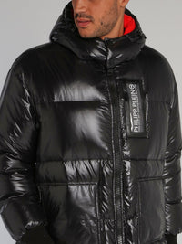 Black Logo Long Puffer Jacket