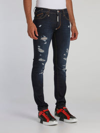 Navy Tattered Skinny Jeans