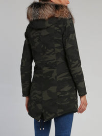 Detachable Fur Trim Camo Parka