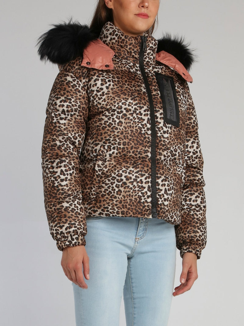 Leopard Print Fur Hood Puffer Jacket