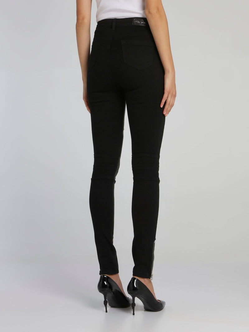 Black High Rise Leather Biker Pants