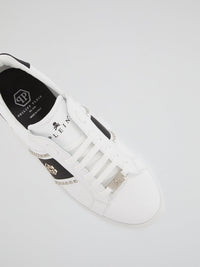 White Contrast Studded Leather Sneakers