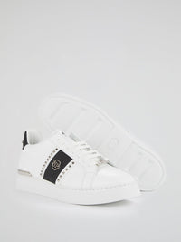 White Contrast Studded Leather Sneakers