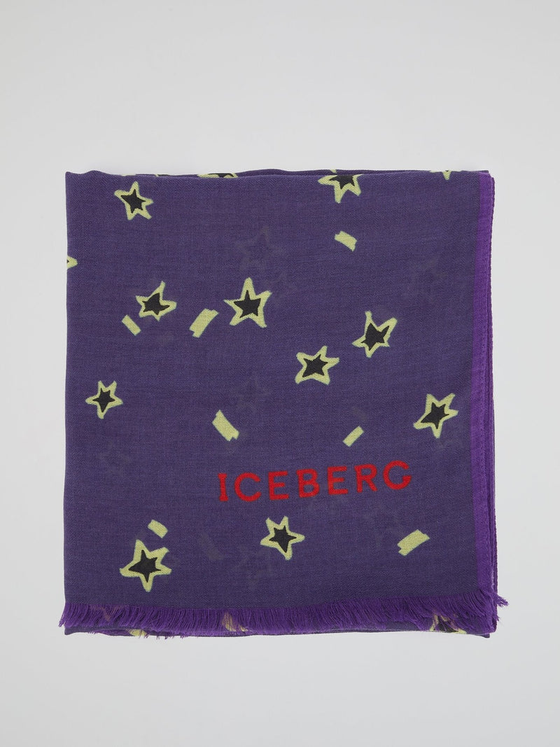 Purple Star Print Frayed Scarf